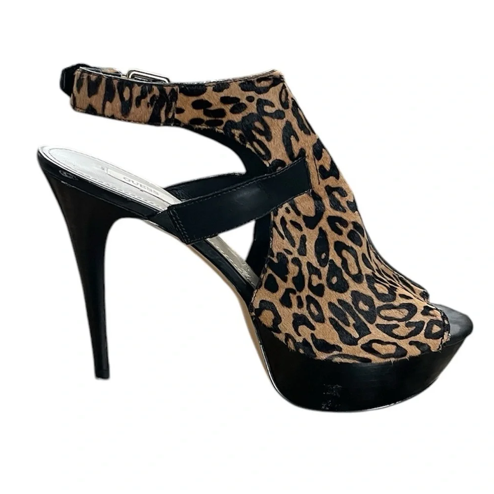 New GUESS Leopard Ofiraly Sling-Back Platform Haircalf Heels Size 9.5